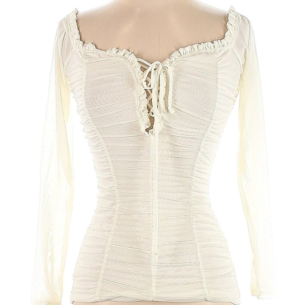 Urban Outfitters • Ivory Ruched Mesh Long Sleeve Lace Up Top